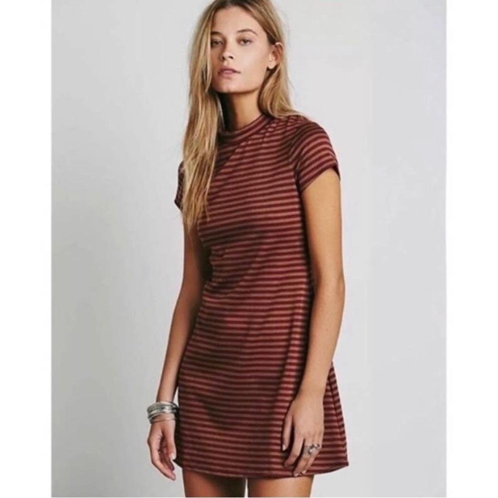 FP Beach Free People On The Line Ponte Dress Striped Mock Neck Short Sleeve Sz M